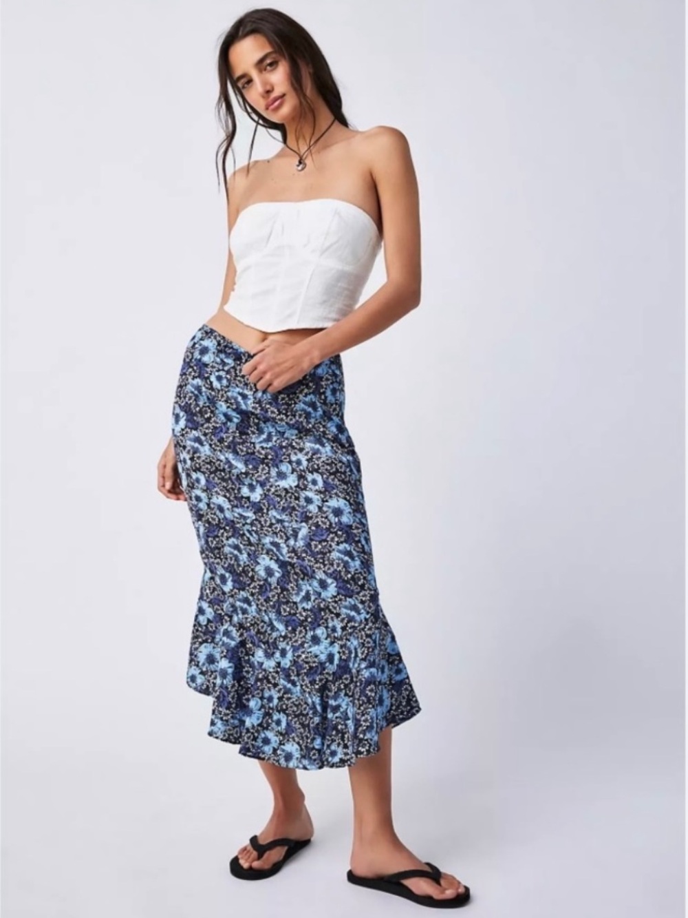 Free People Everything's Rosie Floral Satin Midi Skirt, Blue & Black – Size 4